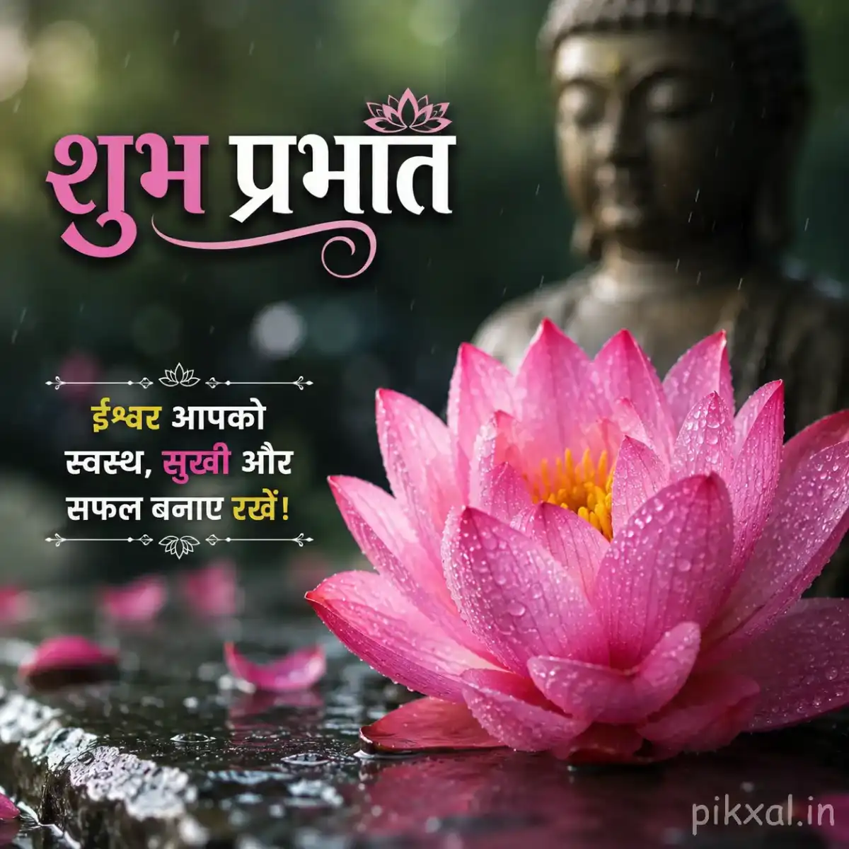 Single pink lotus flower with green lily pads and raindrops beside a wet garden path with a शुभ प्रभात quote