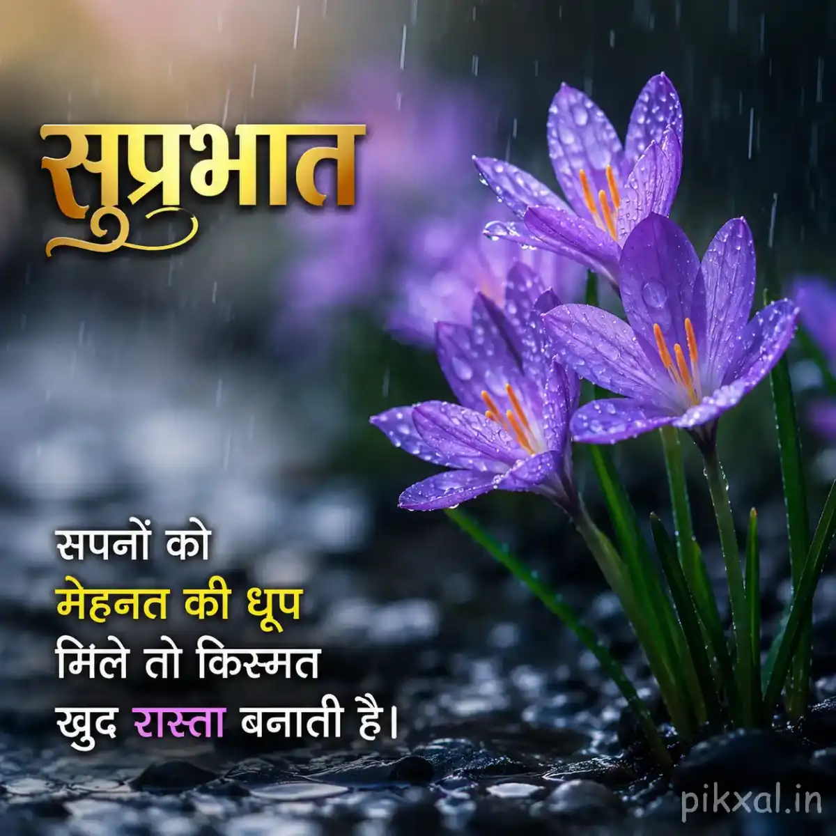 Cluster of purple flowers with long green leaves covered in raindrops against a rainy garden background with a सुप्रभात quote