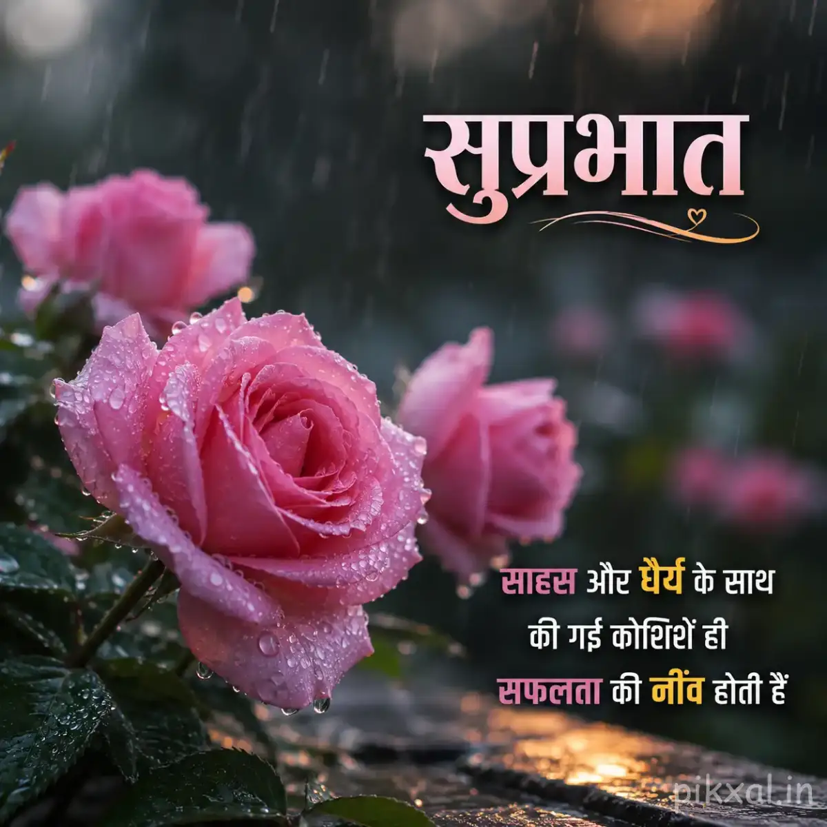 Pink rose flowers with green leaves and raindrops in a lush rainy garden with a सुप्रभात quote