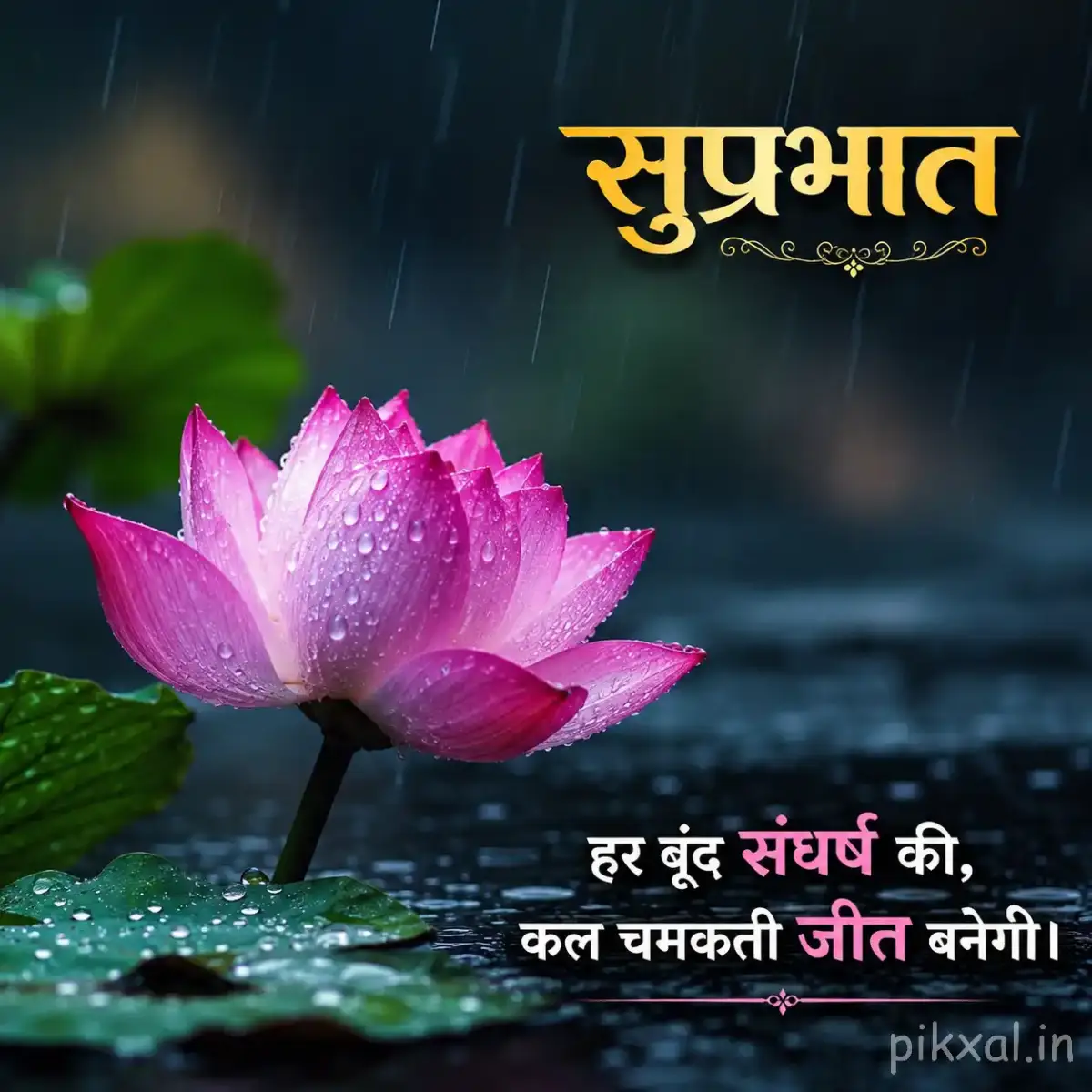 Single pink lotus flower with green lily pads and raindrops floating on a dark rainy pond with a सुप्रभात quote
