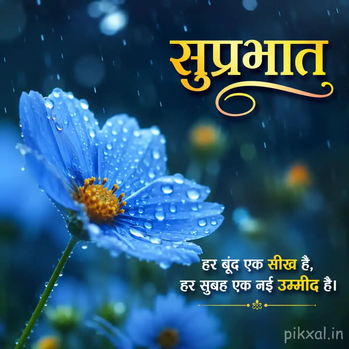 Blue flower with a yellow center covered in raindrops and surrounded by green leaves against a rainy pond background