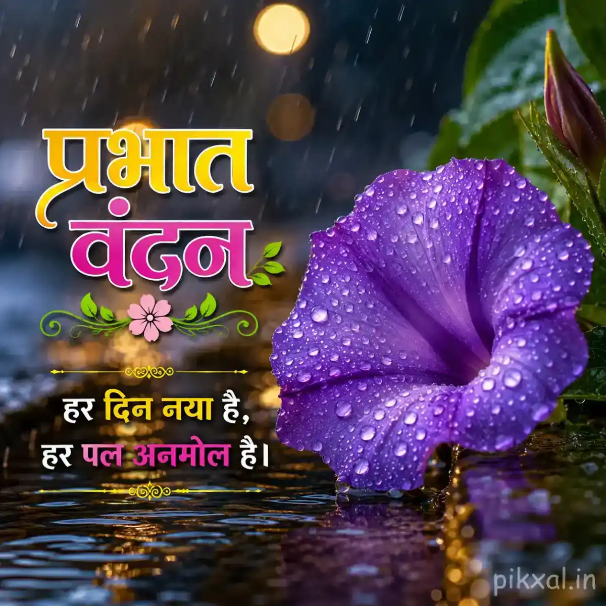 Single purple morning glory flower covered with raindrops beside a wet pond with a प्रभात वंदन quote