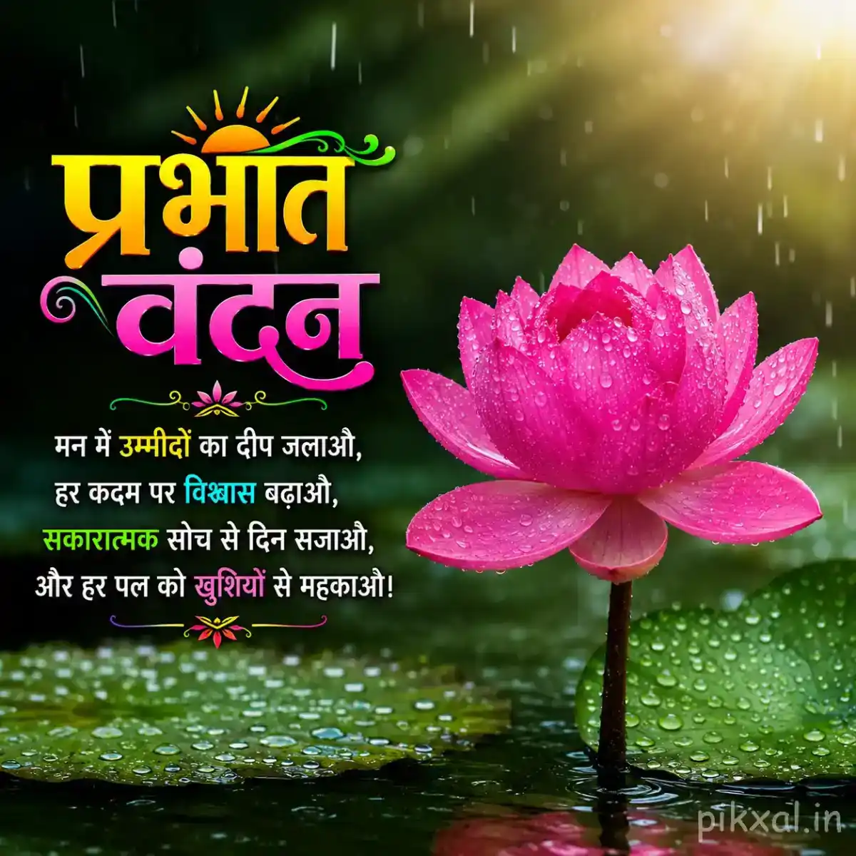 Single pink lotus flower with green lily pads and raindrops floating on a rainy pond with a प्रभात वंदन quote