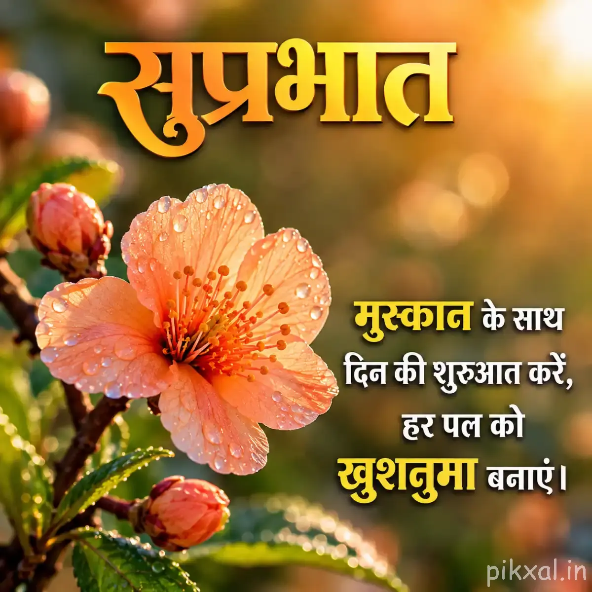 Peach-orange flowers with rounded petals and unopened buds on a leafy branch with a Hindi morning message