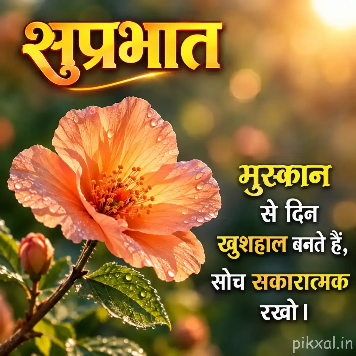 Large peach-orange flower with layered petals surrounded by green leaves and buds with a Hindi morning wish