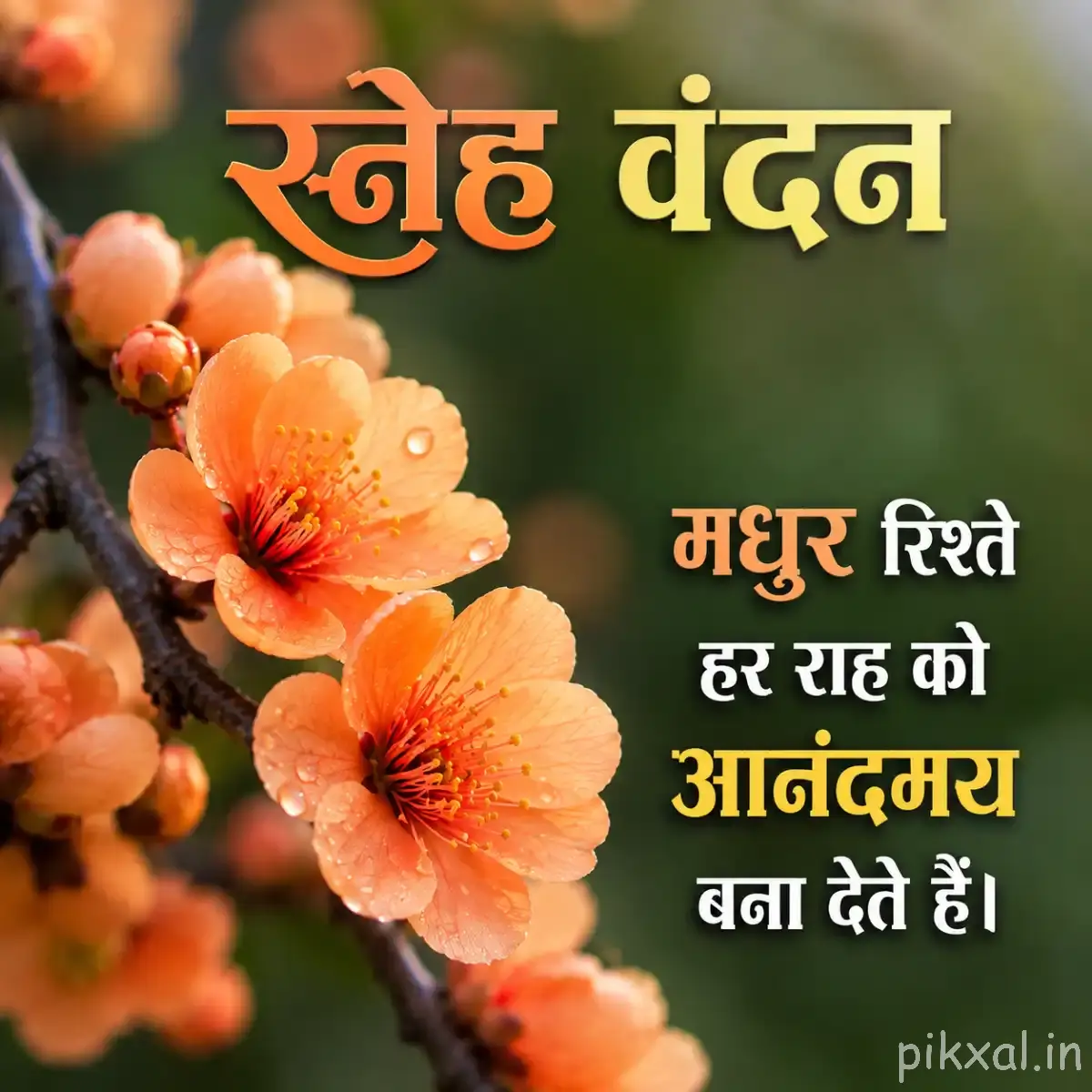 Orange flowers with layered petals and dark centers growing along a woody branch with a Hindi morning message