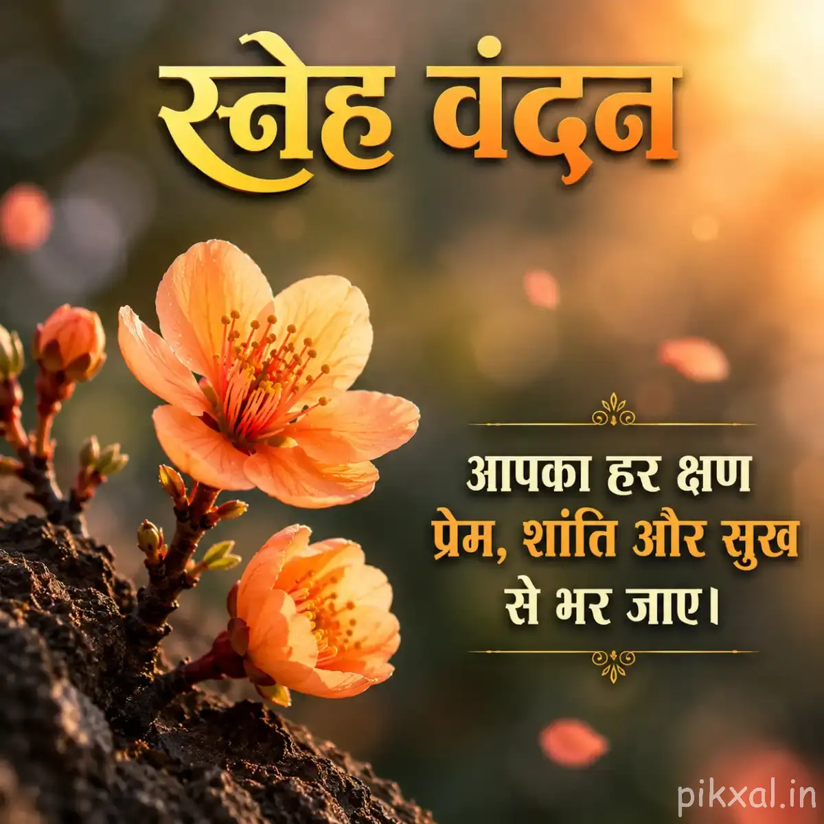 Peach-orange flowers with rounded petals and dark centers on a woody branch against blurred greenery