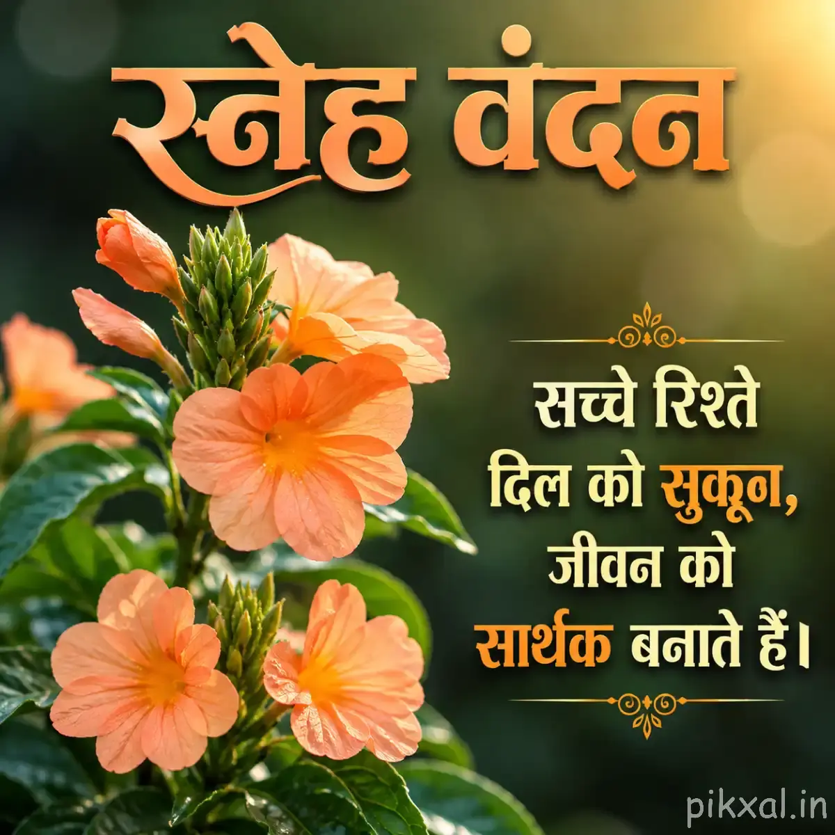 Cluster of peach-orange flowers with rounded petals and green leaves with a Hindi morning message