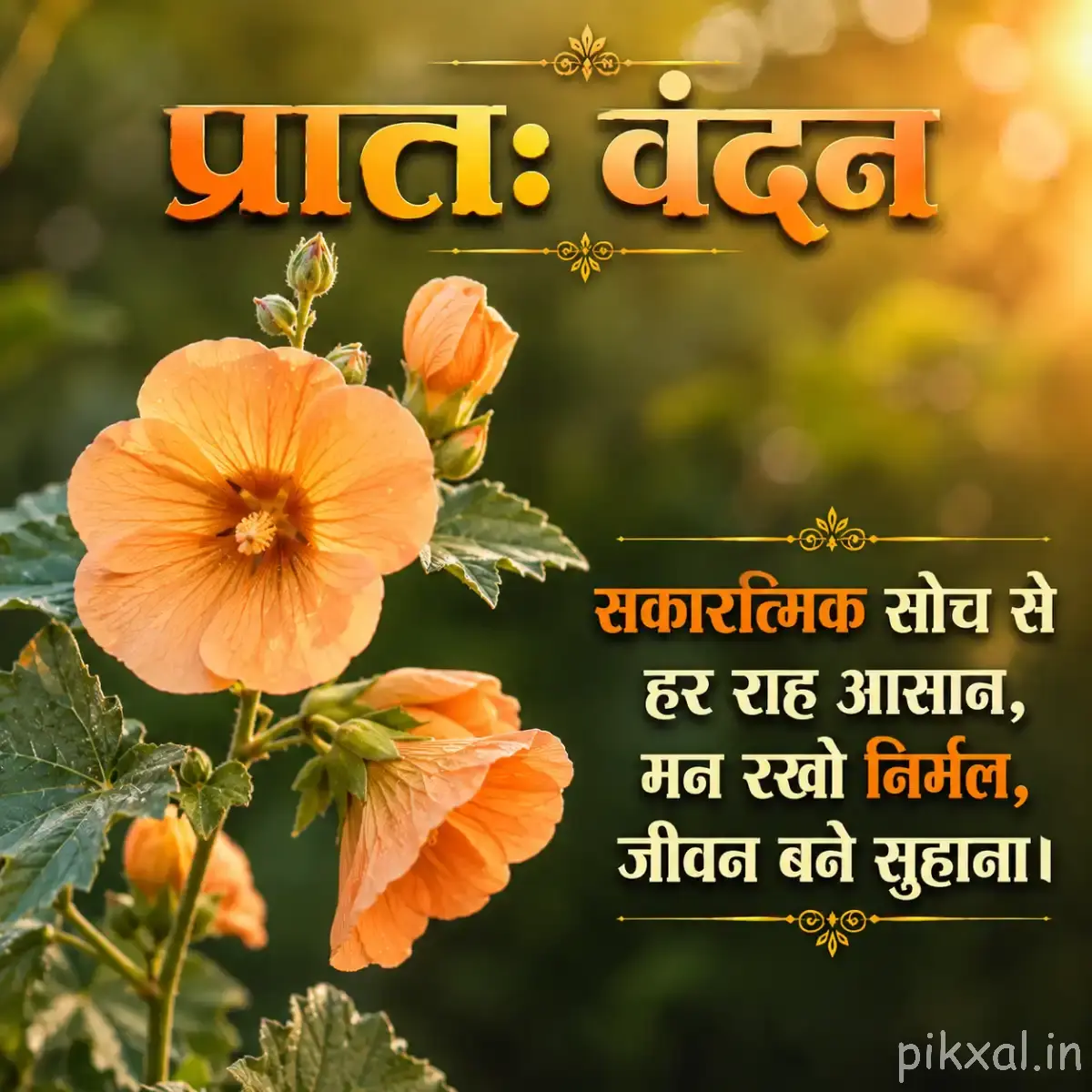 Orange flowers with rounded petals and unopened buds among green leaves with a Hindi morning wish