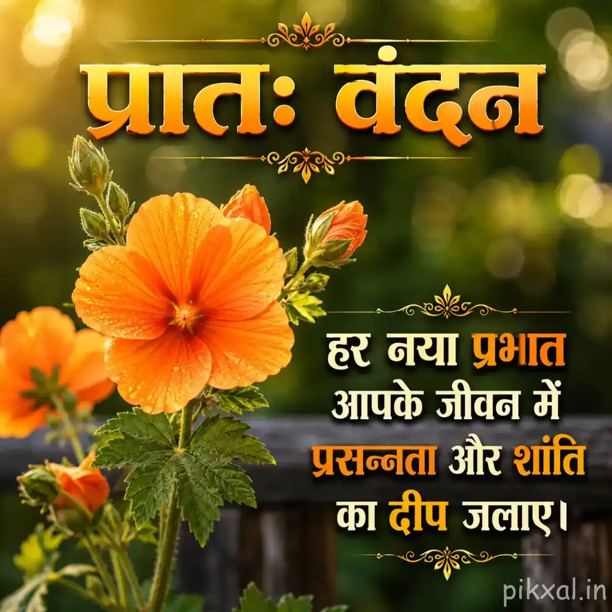 Several orange flowers with broad petals and green foliage against a garden background with a Hindi morning message