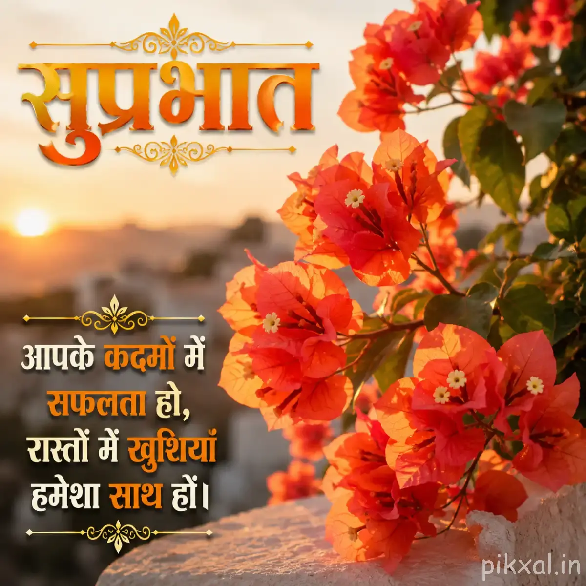 Dense cluster of red-orange flowers with layered petals and green foliage beside a Hindi morning wish