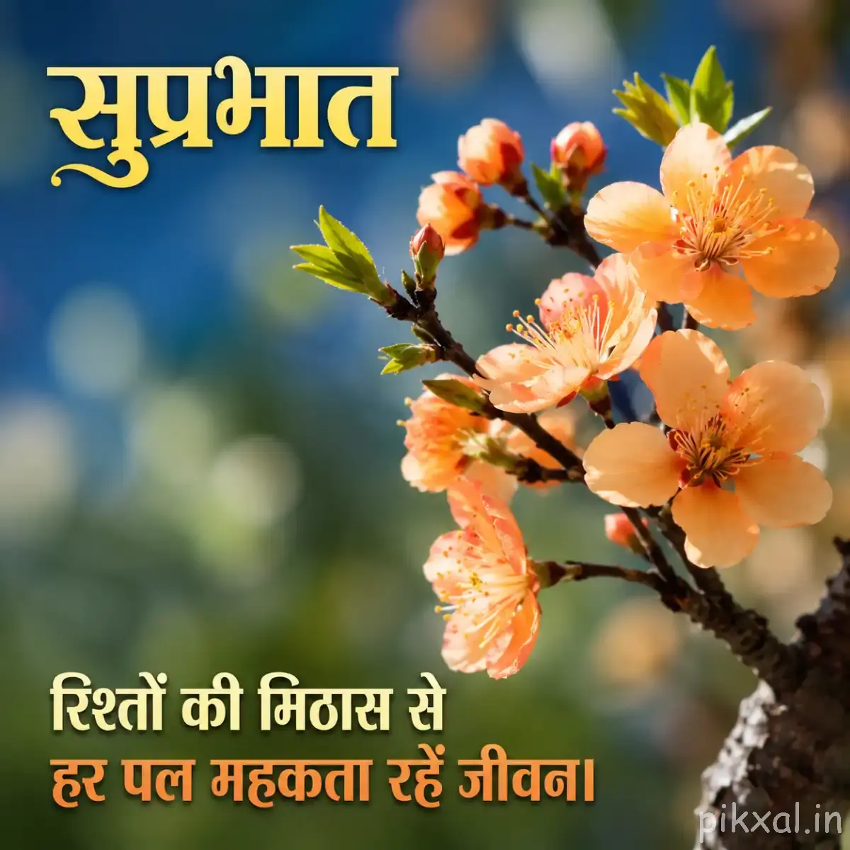 Peach-orange flowers with layered petals and dark centers on a woody flowering branch with a Hindi morning message