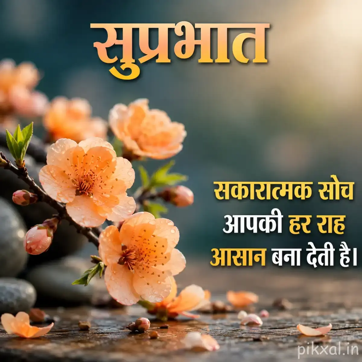 Peach-orange flowers with layered petals and dark centers arranged along a low woody branch with a Hindi morning wish
