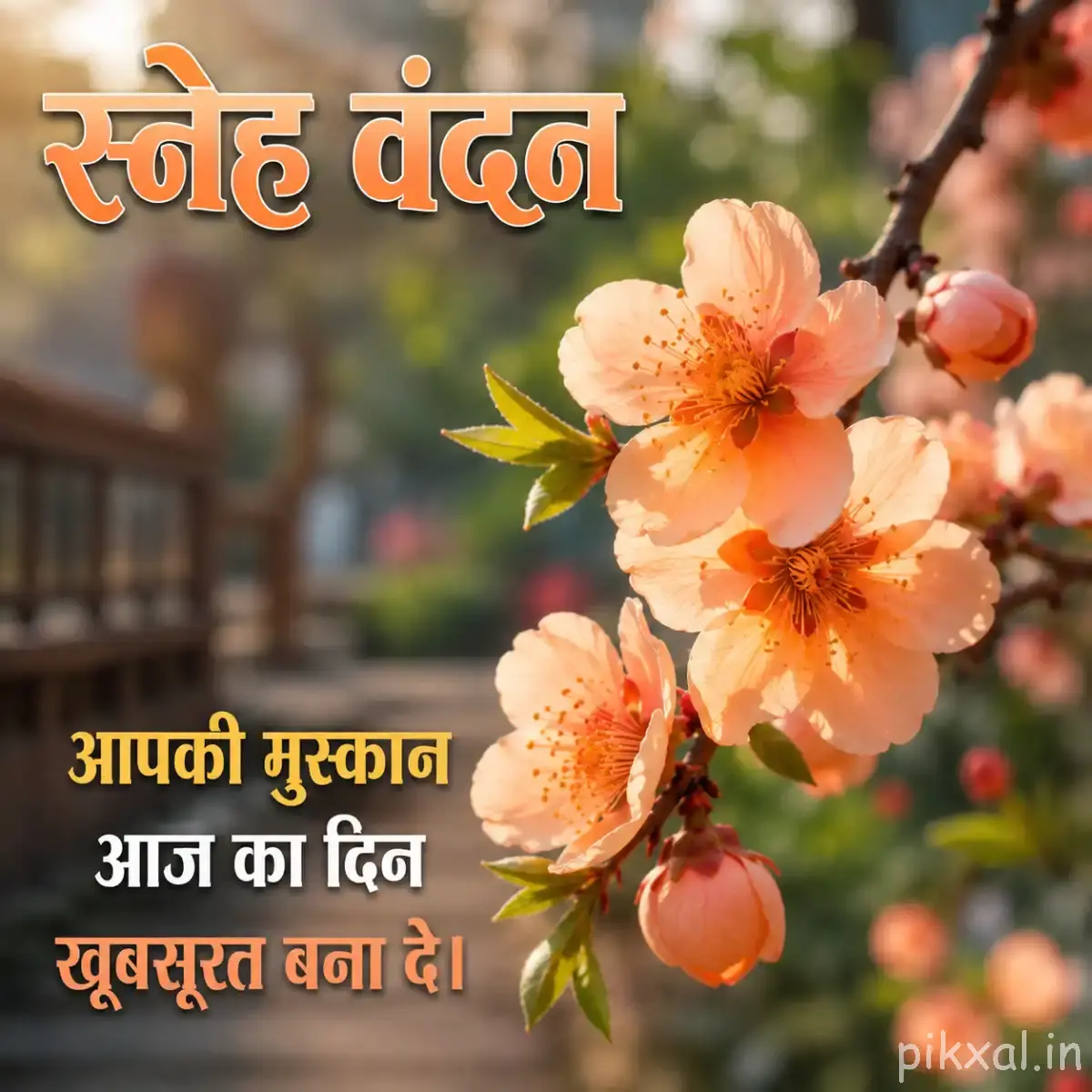 Several peach-orange flowers with layered petals and green leaves on a flowering branch with a Hindi morning wish