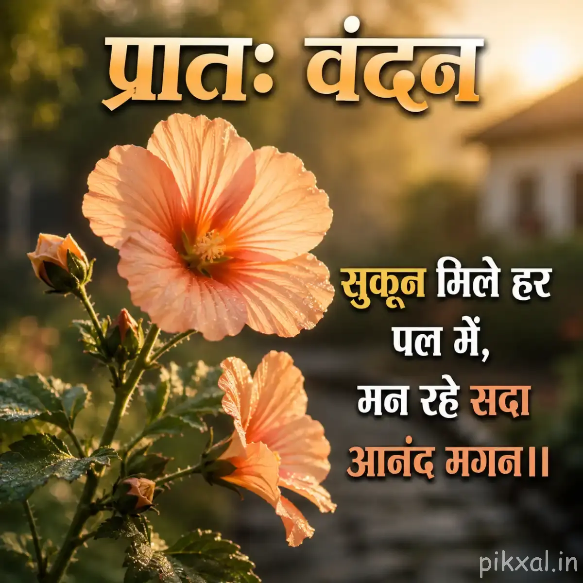Peach-orange flowers with broad petals, buds and green leaves beside a softly blurred morning background
