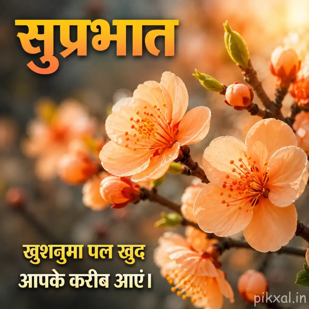 Several pale orange flowers with speckled petals arranged along a flowering branch