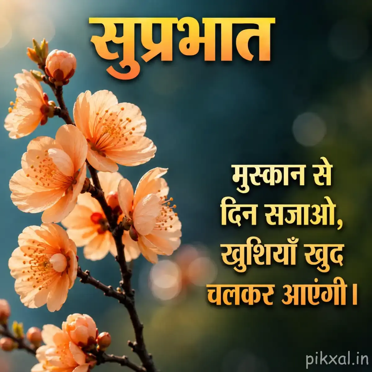 Pale orange flowers and buds along a dark flowering branch against blurred greenery