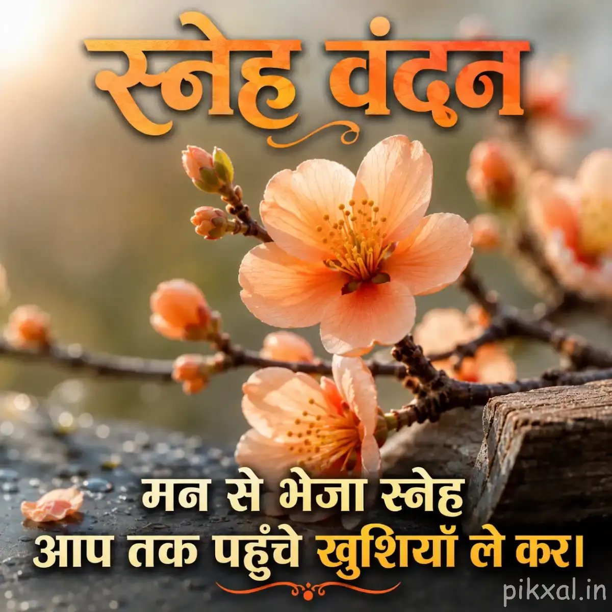 Peach-orange flowers and buds along a branching stem against a softly blurred background