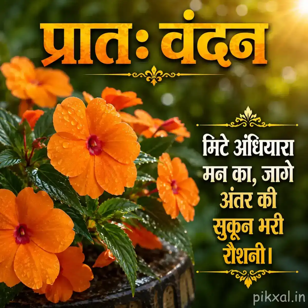Orange flowers with dark centers and green leaves growing from a small black pot