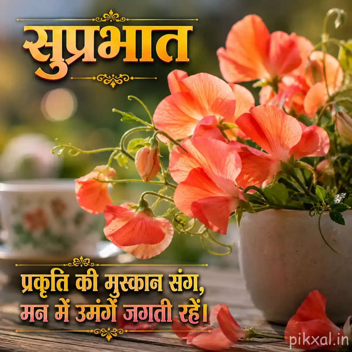 Several peach and coral flowers arranged in a pot with green leaves and a blurred garden background