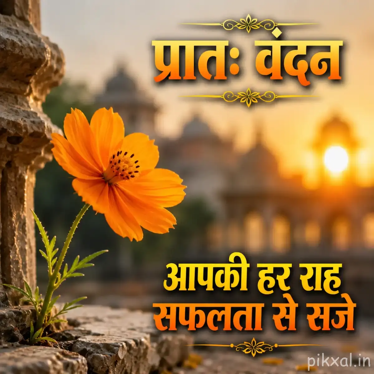 Single orange flower with narrow petals and green leaves beside a rustic stone surface in warm morning light