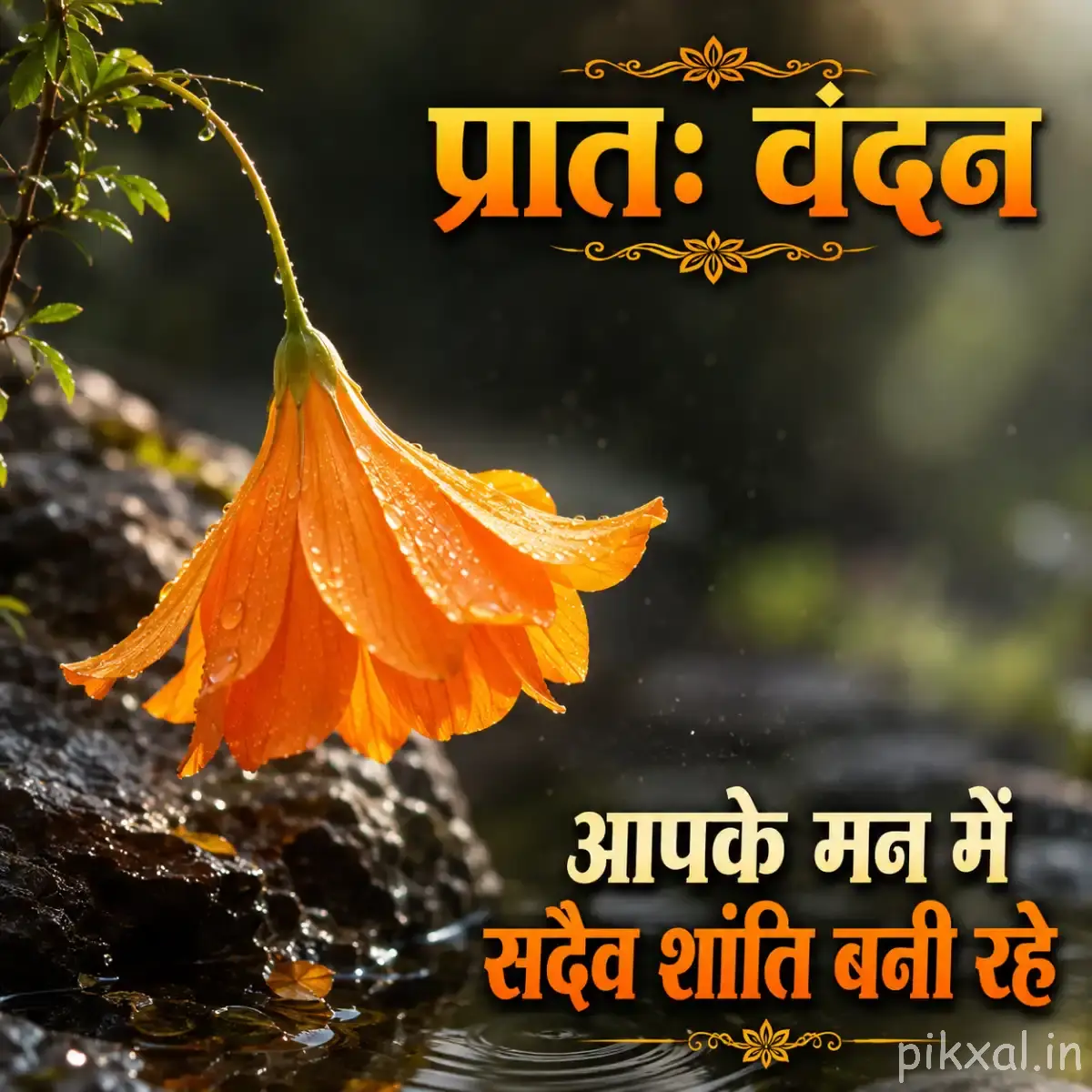 Drooping orange flower with elongated petals hanging over a wet rocky surface