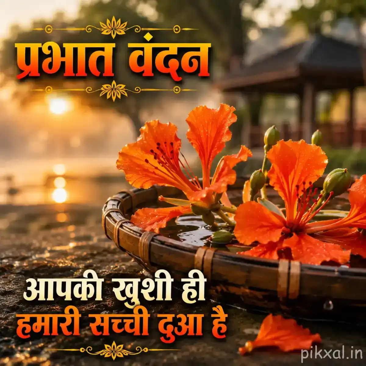 Several orange flowers arranged in a shallow wooden bowl with water against a sunlit outdoor background