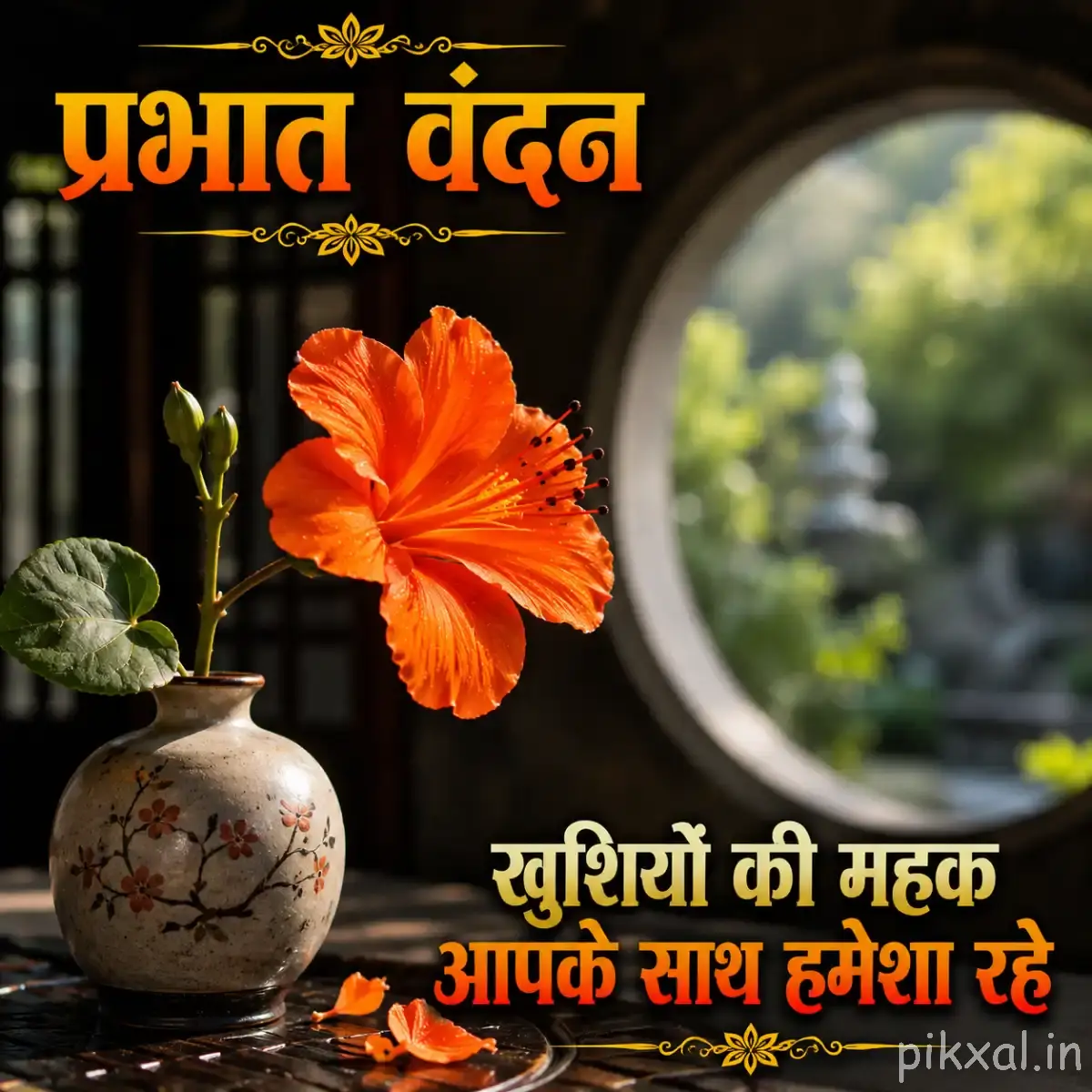 Single orange flower in a decorative vase with blurred greenery and a circular background opening
