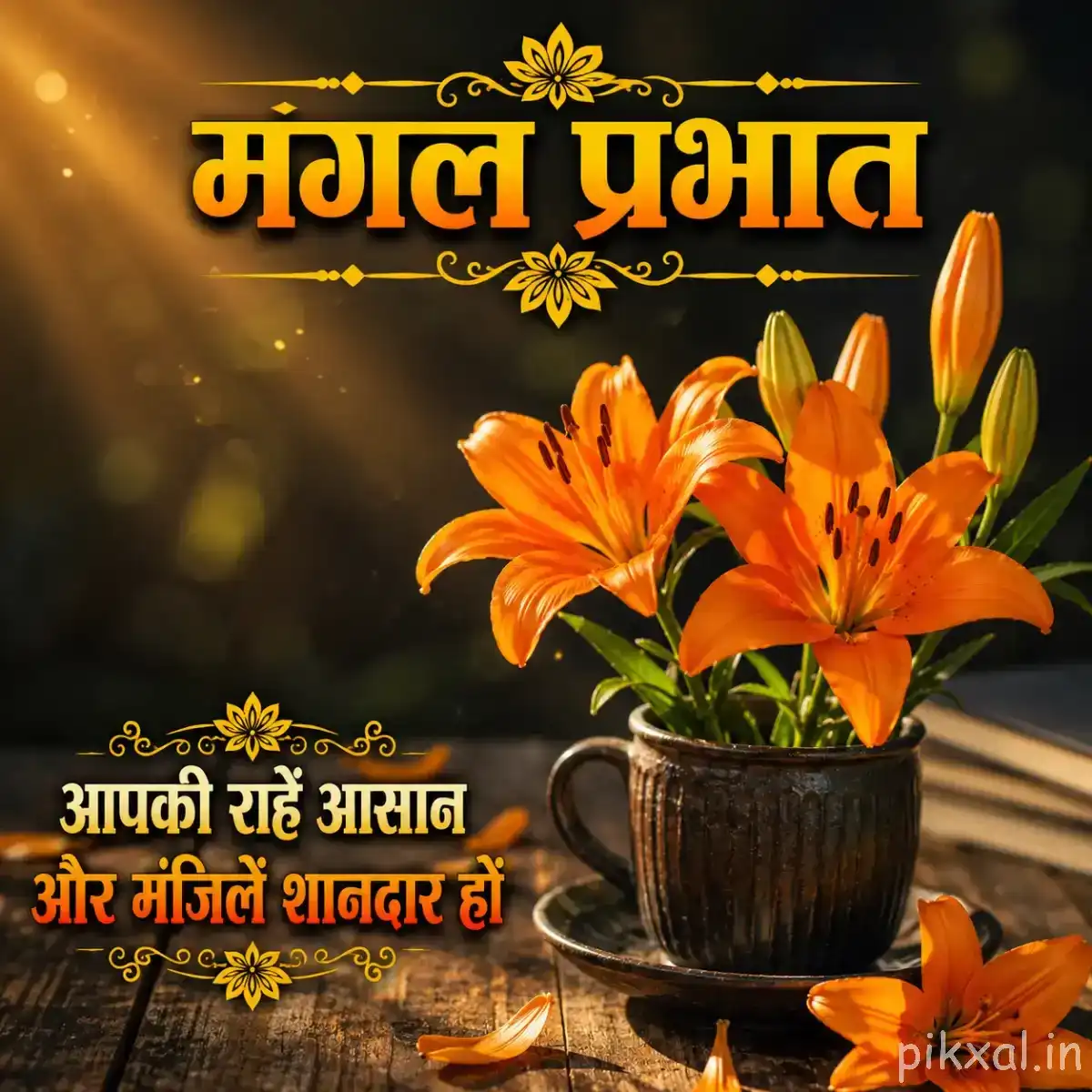 Multiple orange flowers with pointed petals arranged in a dark pot on a wooden table