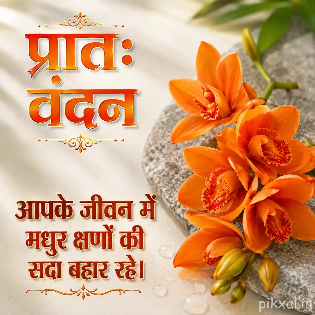 Cluster of orange flowers arranged beside a textured stone and green leaves