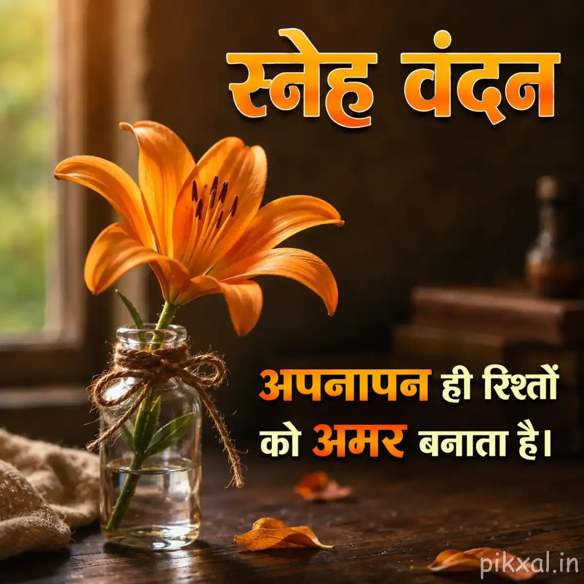 Single orange flower with elongated petals arranged in a small glass vase on a wooden surface