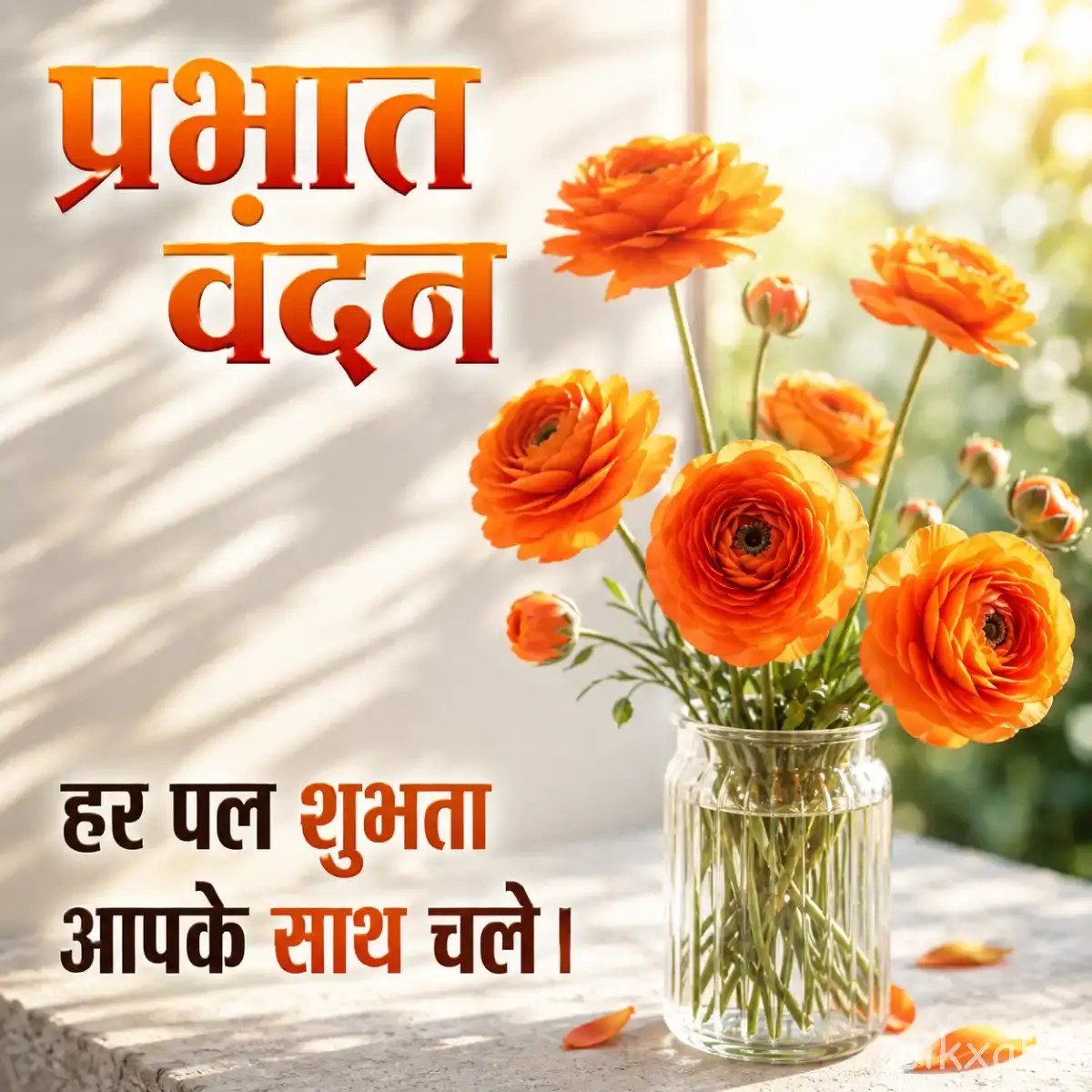 Small bouquet of orange flowers with rounded petals arranged in a clear glass vase