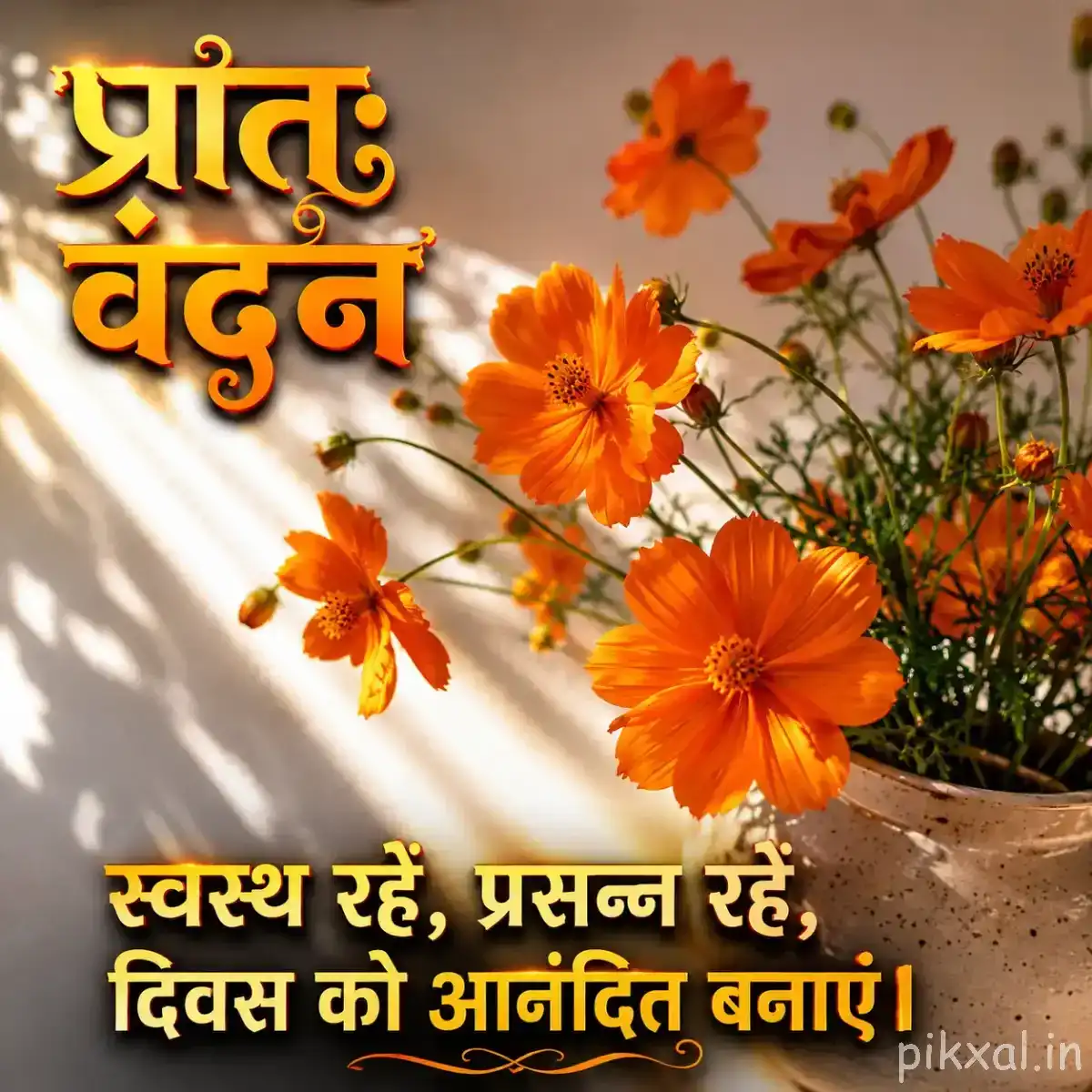 Several orange flowers with small leaves and branching stems arranged against a softly lit background