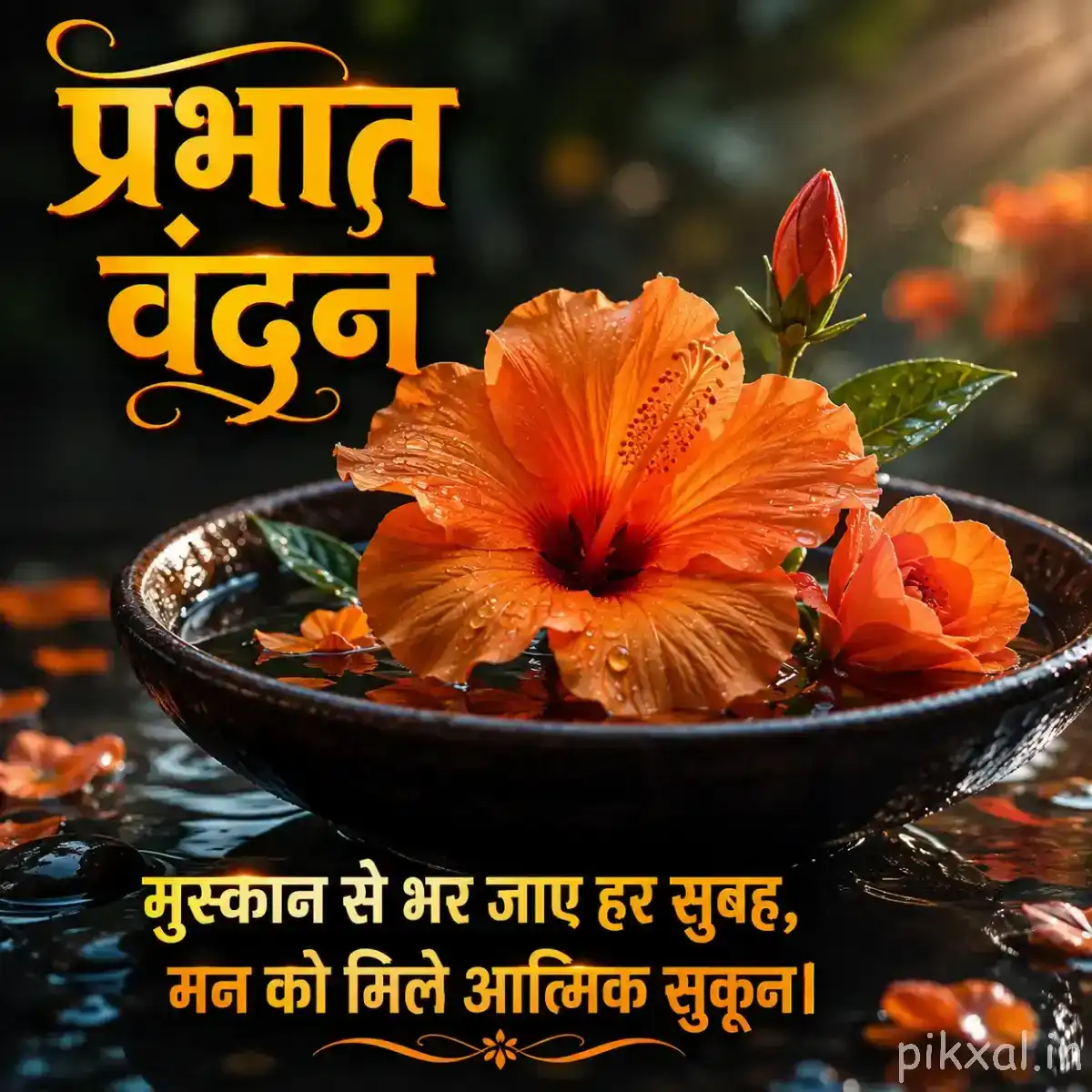Orange flowers arranged in a shallow dark bowl with water against a blurred garden background