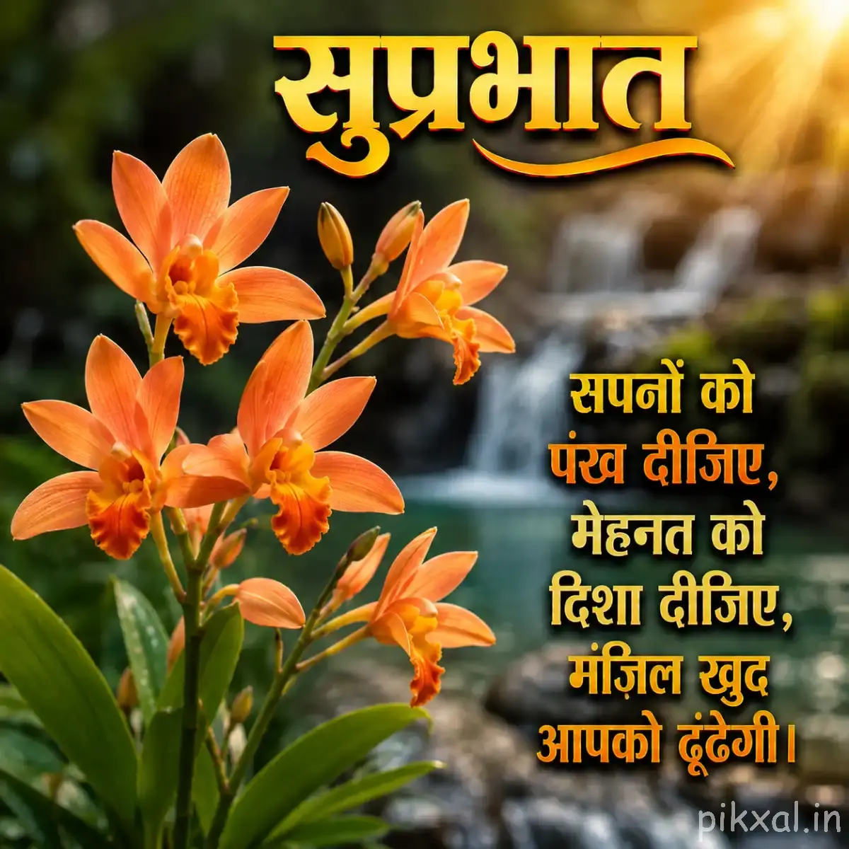 Several orange flowers with narrow petals and long leaves beside a softly blurred garden background