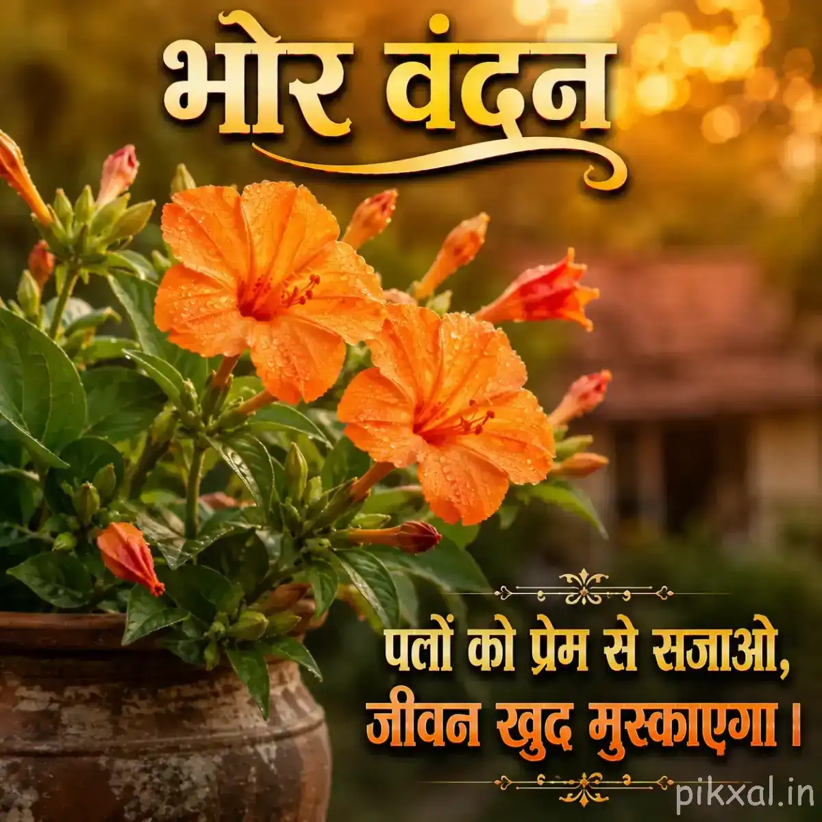 Orange flowers with dark centers and green foliage beside a rustic garden pot