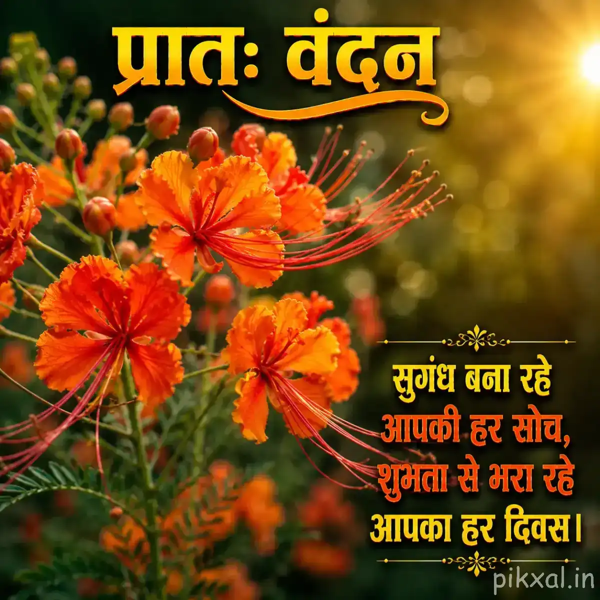 Dense cluster of orange flowers and green leaves with a Hindi Good Morning message