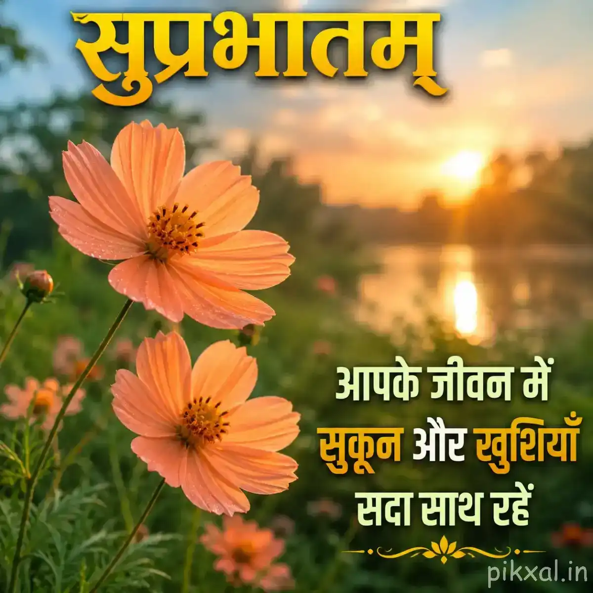 Two pale orange flowers on green stems against warm sunrise light and a blurred garden background