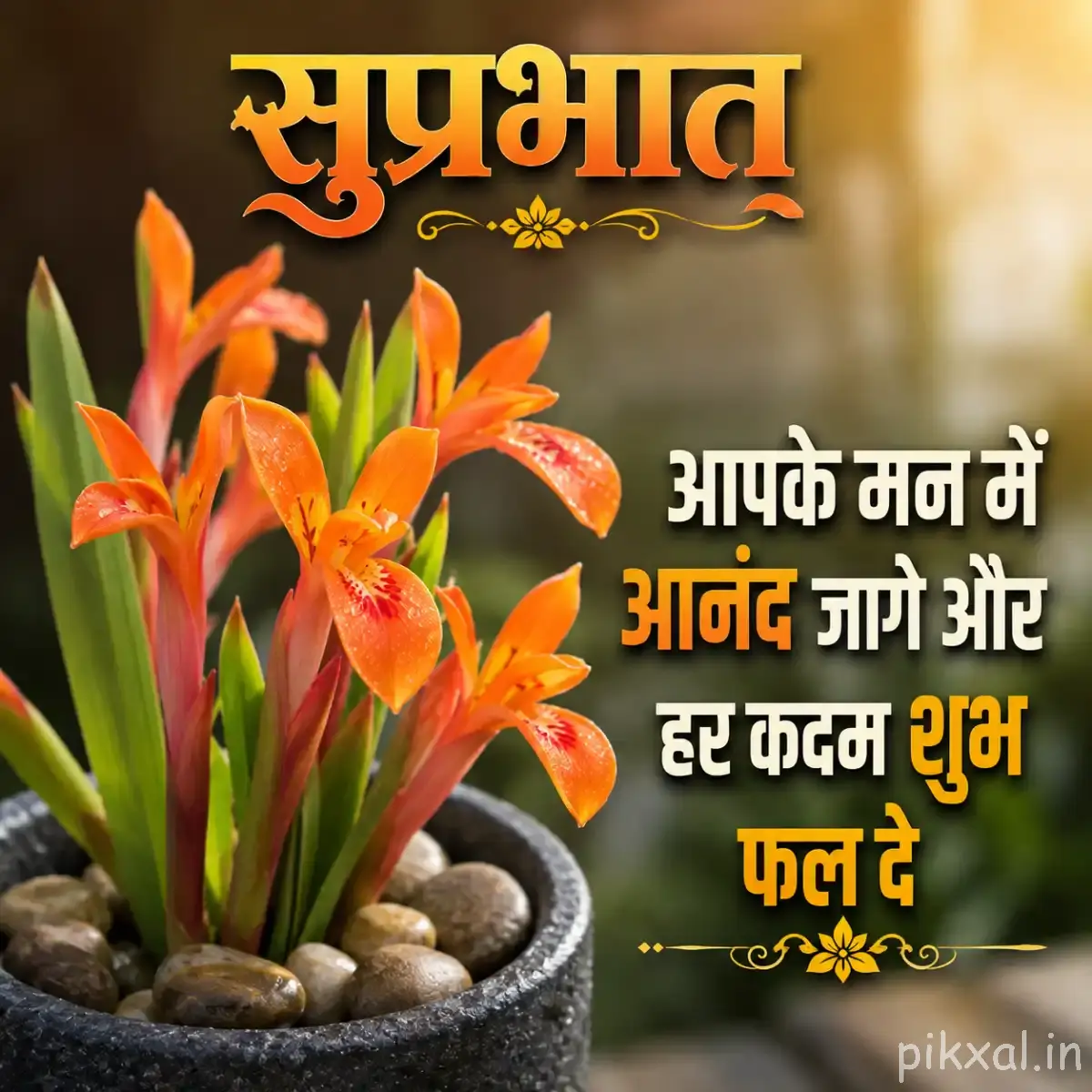 Orange flowers with elongated petals growing among green leaves and smooth stones in a planter