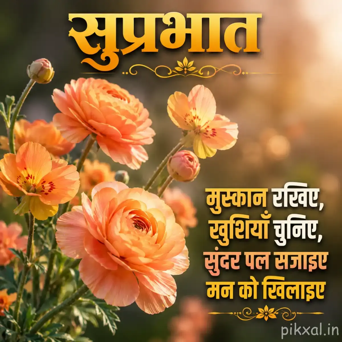 Peach-orange flowers with layered petals and buds arranged along leafy stems