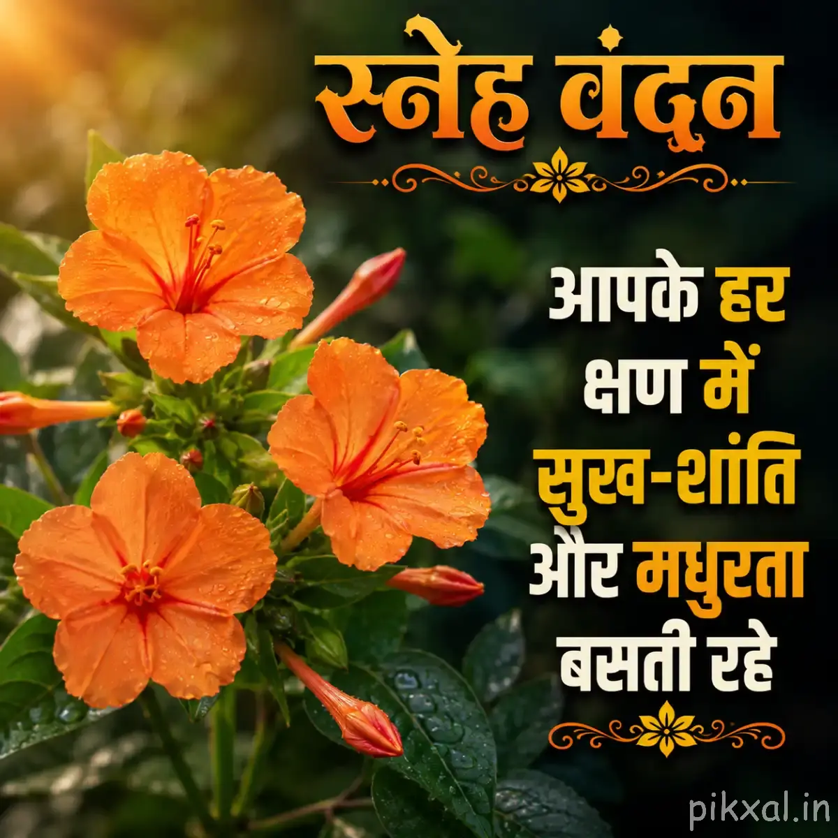 Single orange flower with layered petals beside a dark rocky stream and blurred greenery