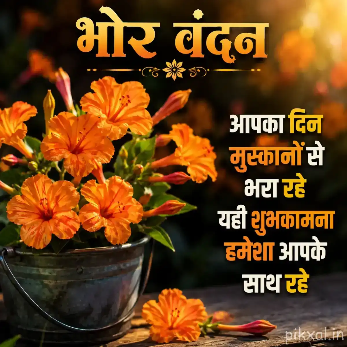 Multiple orange flowers arranged in a dark round planter with green foliage and a Hindi morning wish