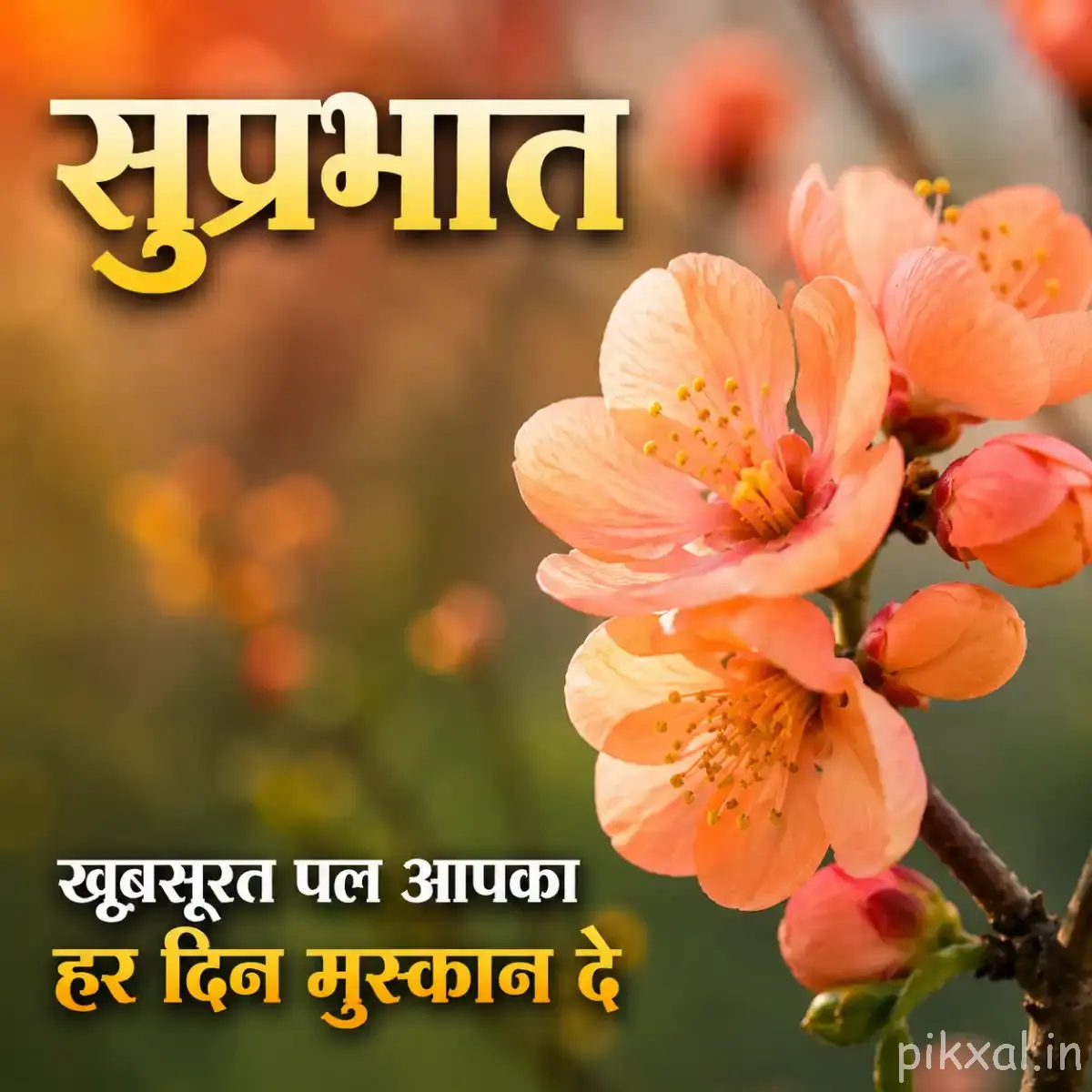 Peach-orange flowers with layered petals clustered along a woody branch with a Hindi morning message