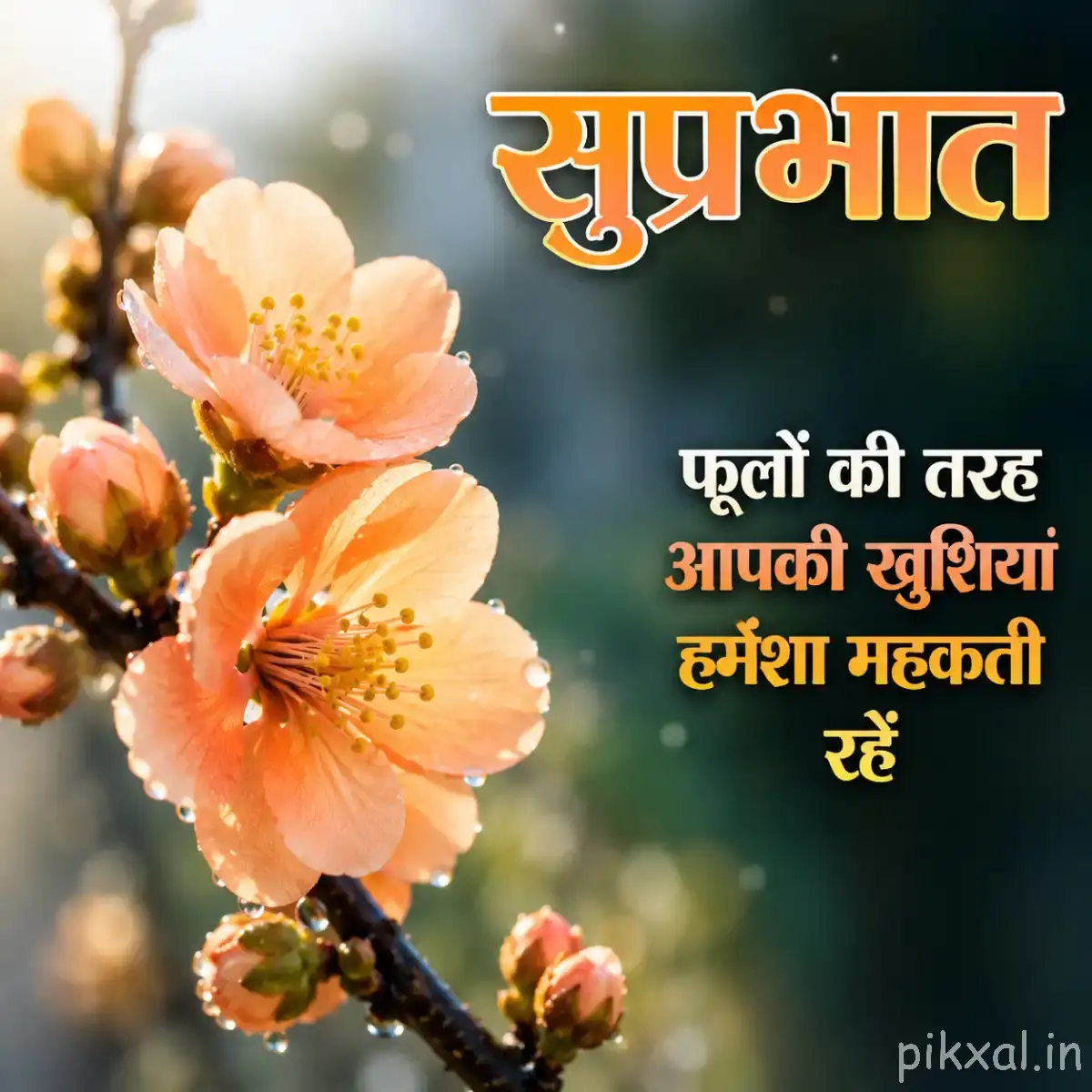Peach and orange flowers with rounded petals and unopened buds on a flowering branch with a Hindi morning wish