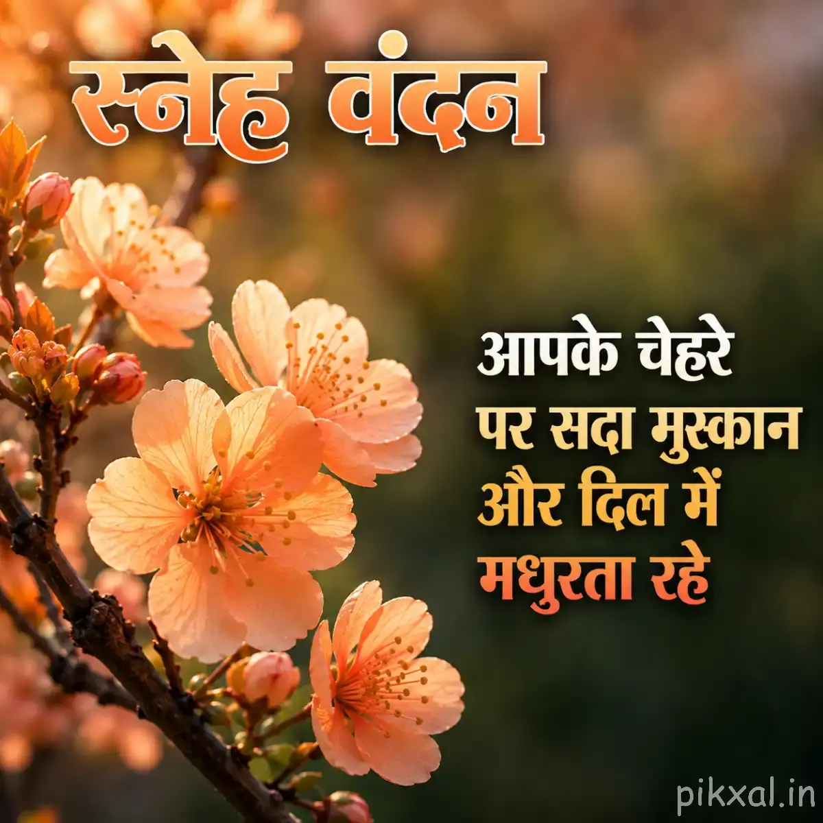 Peach-orange flowers with layered petals and dark centers on a woody branch against softly blurred greenery