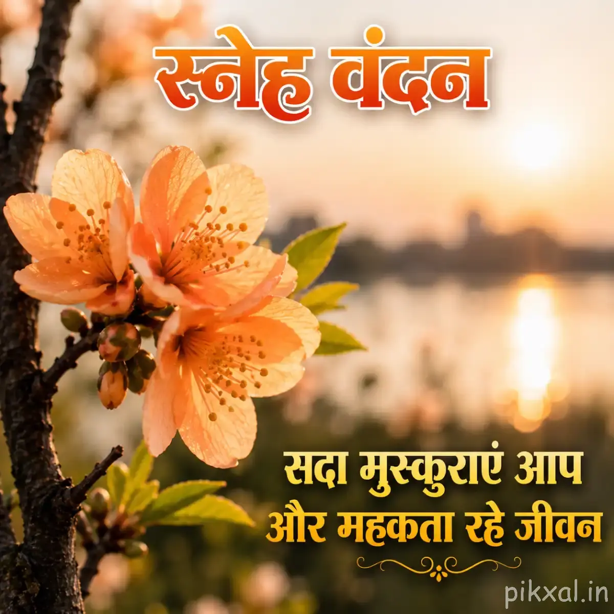 Peach flowers with rounded petals on a woody branch against a bright sunrise background with a Hindi morning wish