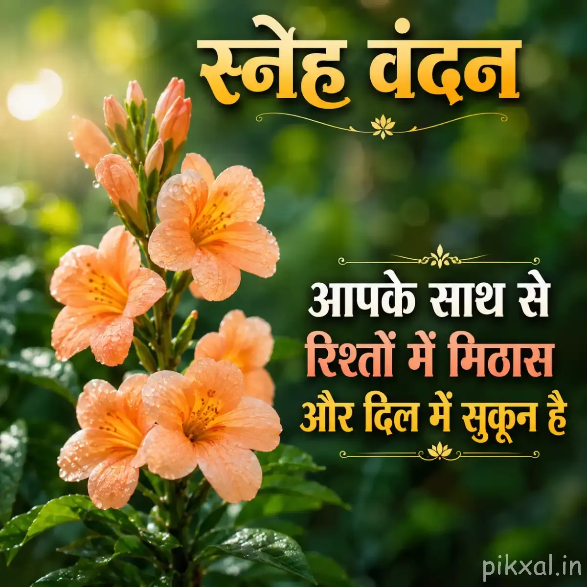 Several peach-orange flowers with rounded petals and green leaves growing together with a Hindi morning message