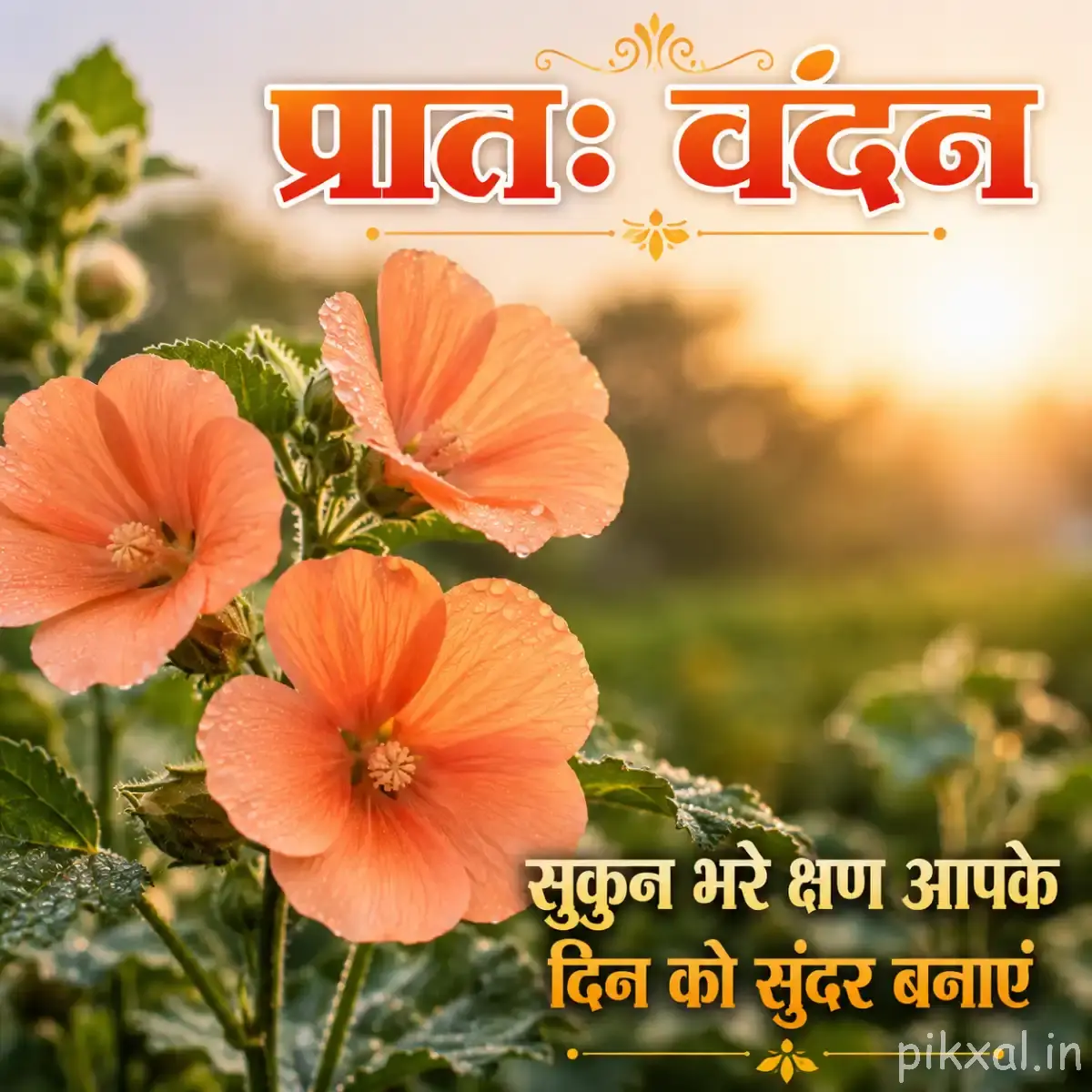 Single peach-orange flower with broad rounded petals and a dark center against softly blurred greenery