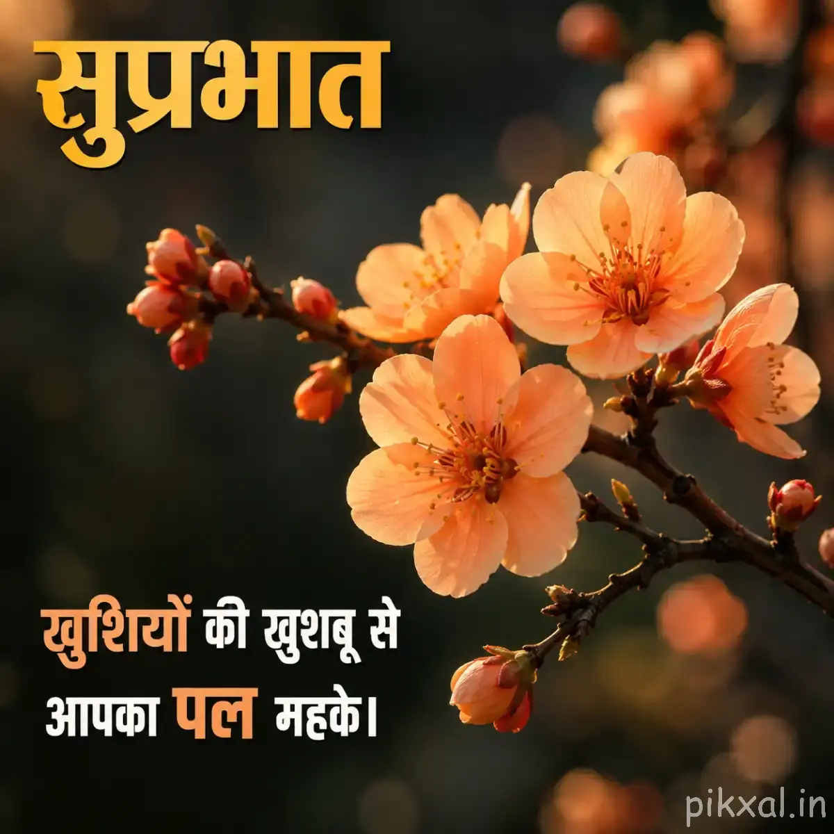 Peach flowers with layered petals and dark centers arranged along a woody branch with a Hindi morning message