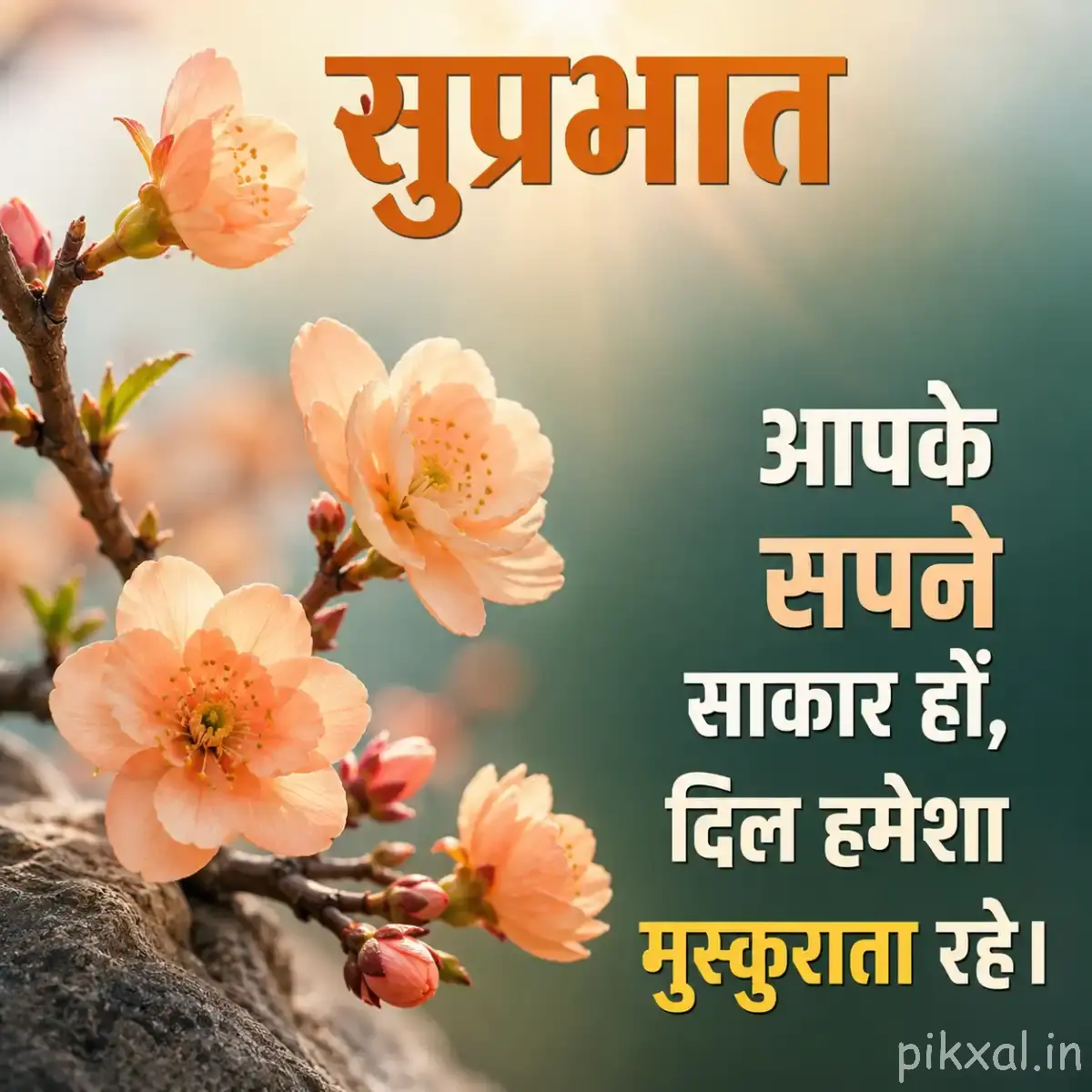 Several pale peach flowers with layered petals and dark centers on a flowering branch with a Hindi morning wish